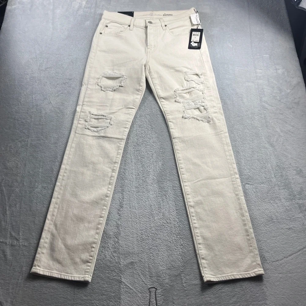 7 For All Mankind Slimmy Slim Straight Distressed Ecru Jeans‎ 31x34 AT511376AP
